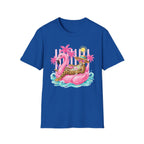 Leopard Cat on Flamingo Float T-Shirt | Tropical Palm Beach Summer Vibes