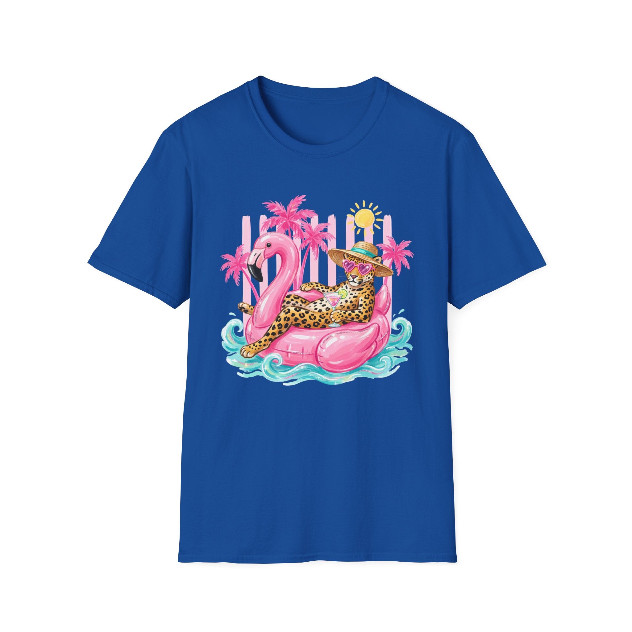 Leopard Cat on Flamingo Float T-Shirt | Tropical Palm Beach Summer Vibes