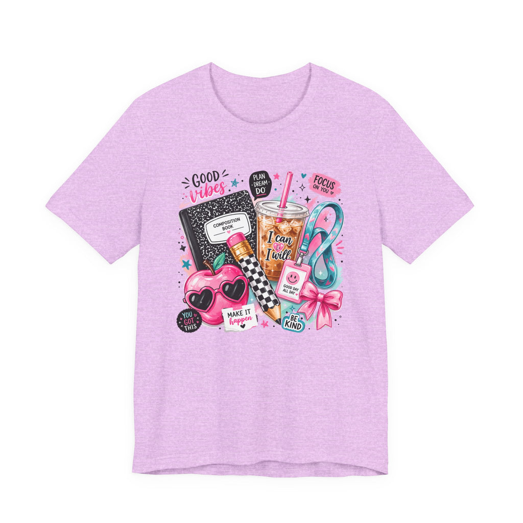 Teacher Good Vibes Cute Pastel Sticker Collage T-Shirt | Coffee, Headphones, Journal | Back to School