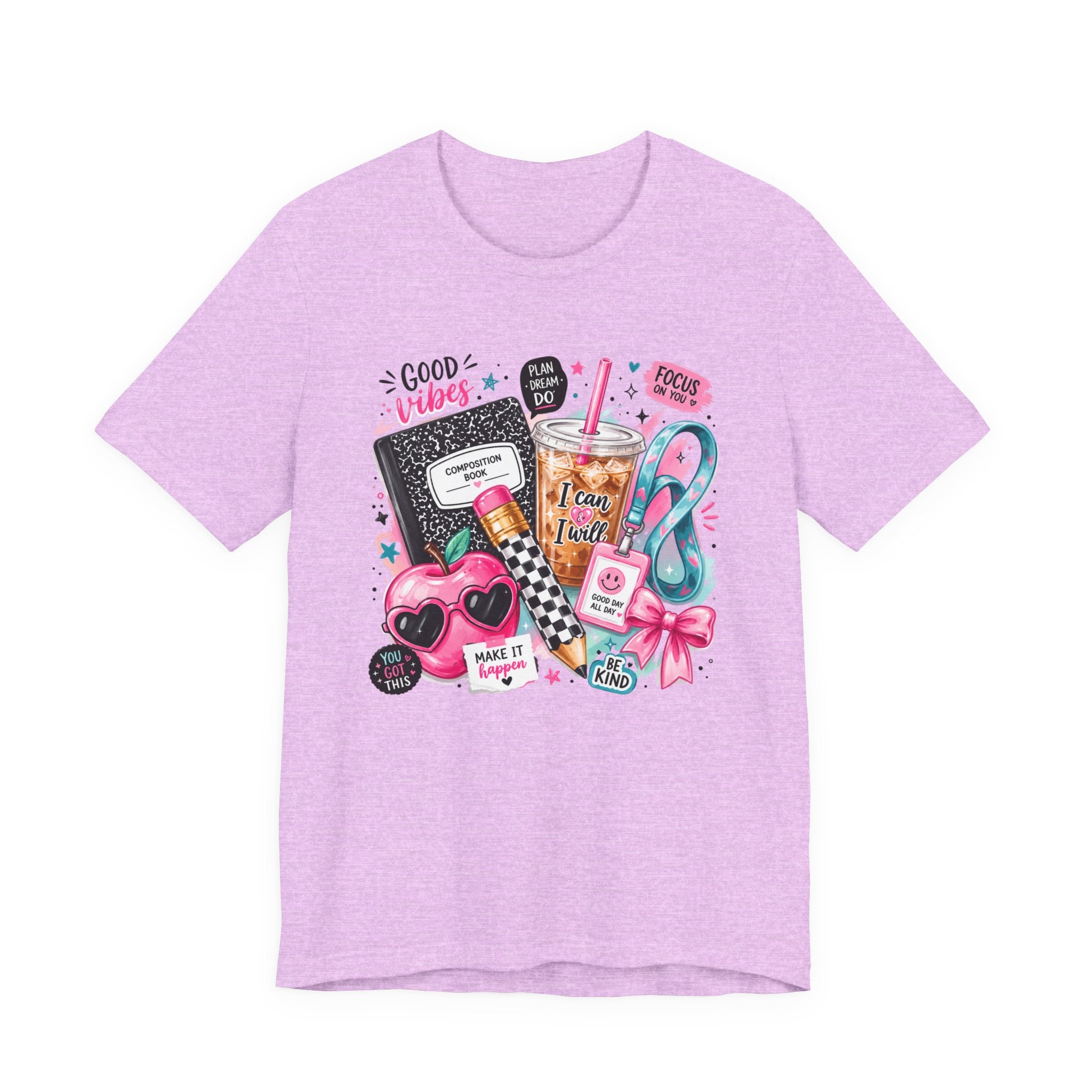 Teacher Good Vibes Cute Pastel Sticker Collage T-Shirt | Coffee, Headphones, Journal | Back to School