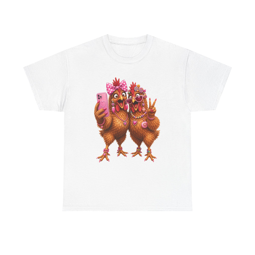 Two Chickens Taking Selfie T-Shirt | Funny Poultry Illustration