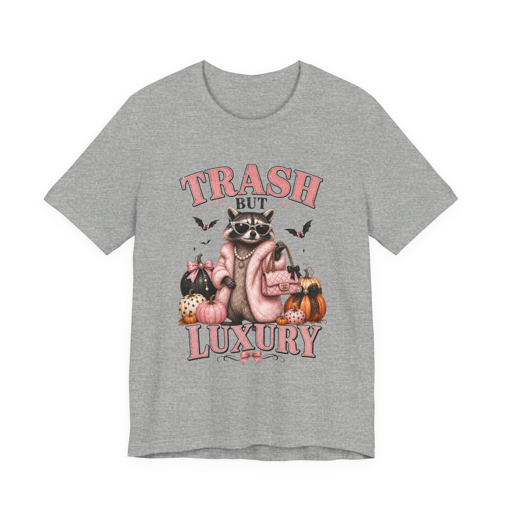 Trash But Luxury Raccoon Tee — Halloween Graphic T-Shirt with Pumpkins & Bats