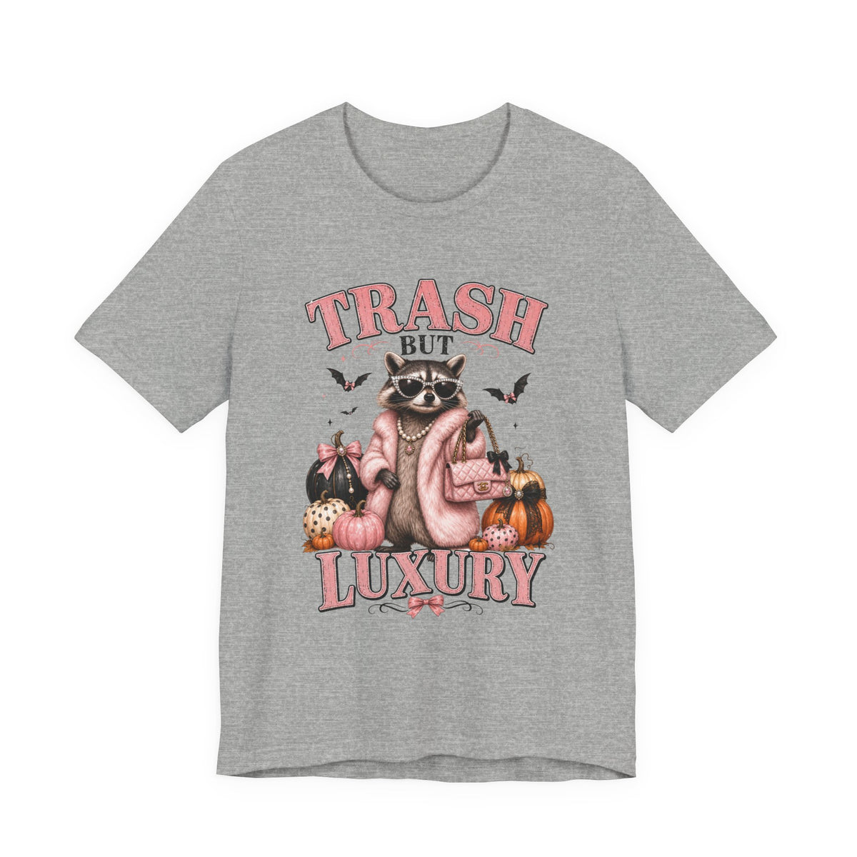 Trash But Luxury Raccoon Tee — Halloween Graphic T-Shirt with Pumpkins & Bats