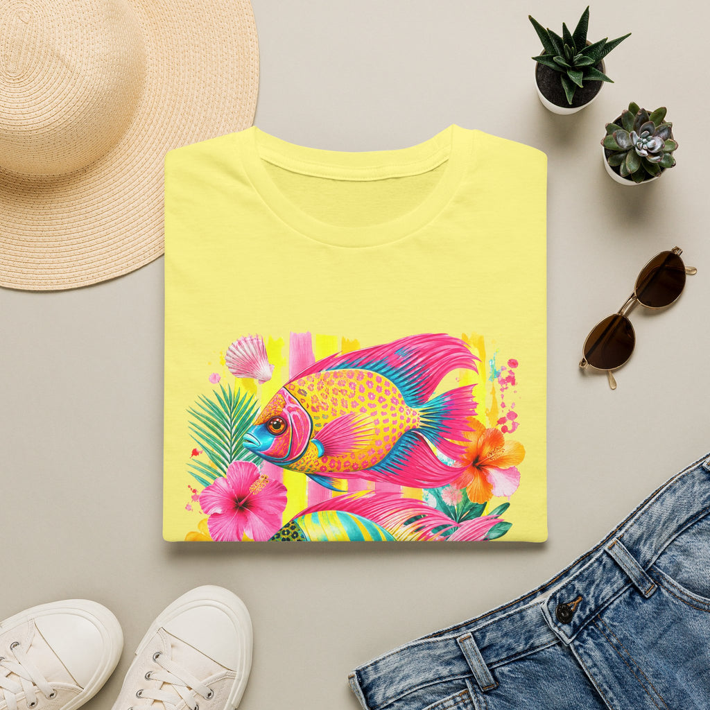 Tropical Colorful Fish T-Shirt | Neon Hibiscus Beach Illustration