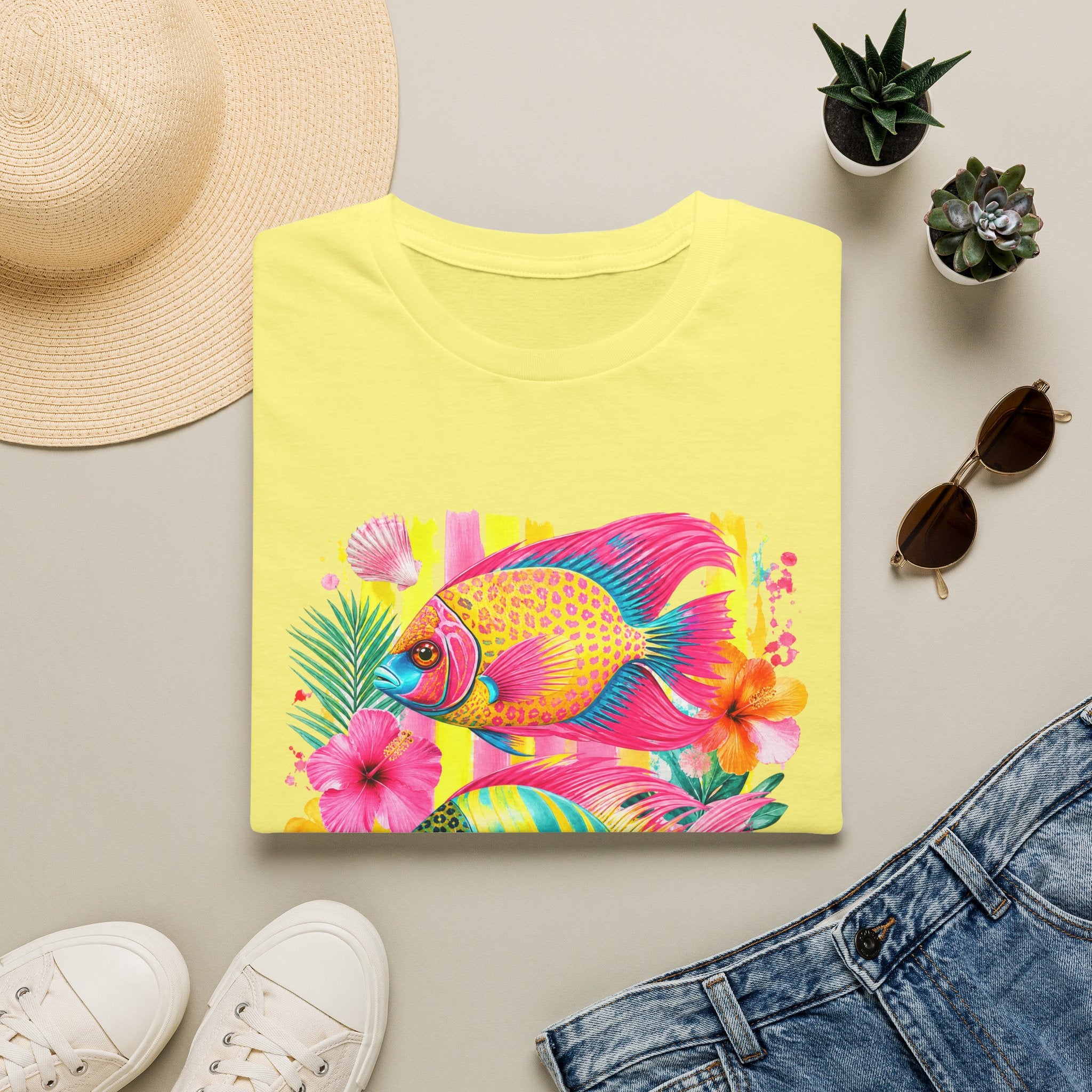 Tropical Colorful Fish T-Shirt | Neon Hibiscus Beach Illustration
