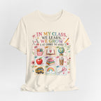 In My Class We Learn We Grow Teacher Illustration T-Shirt | School Icons