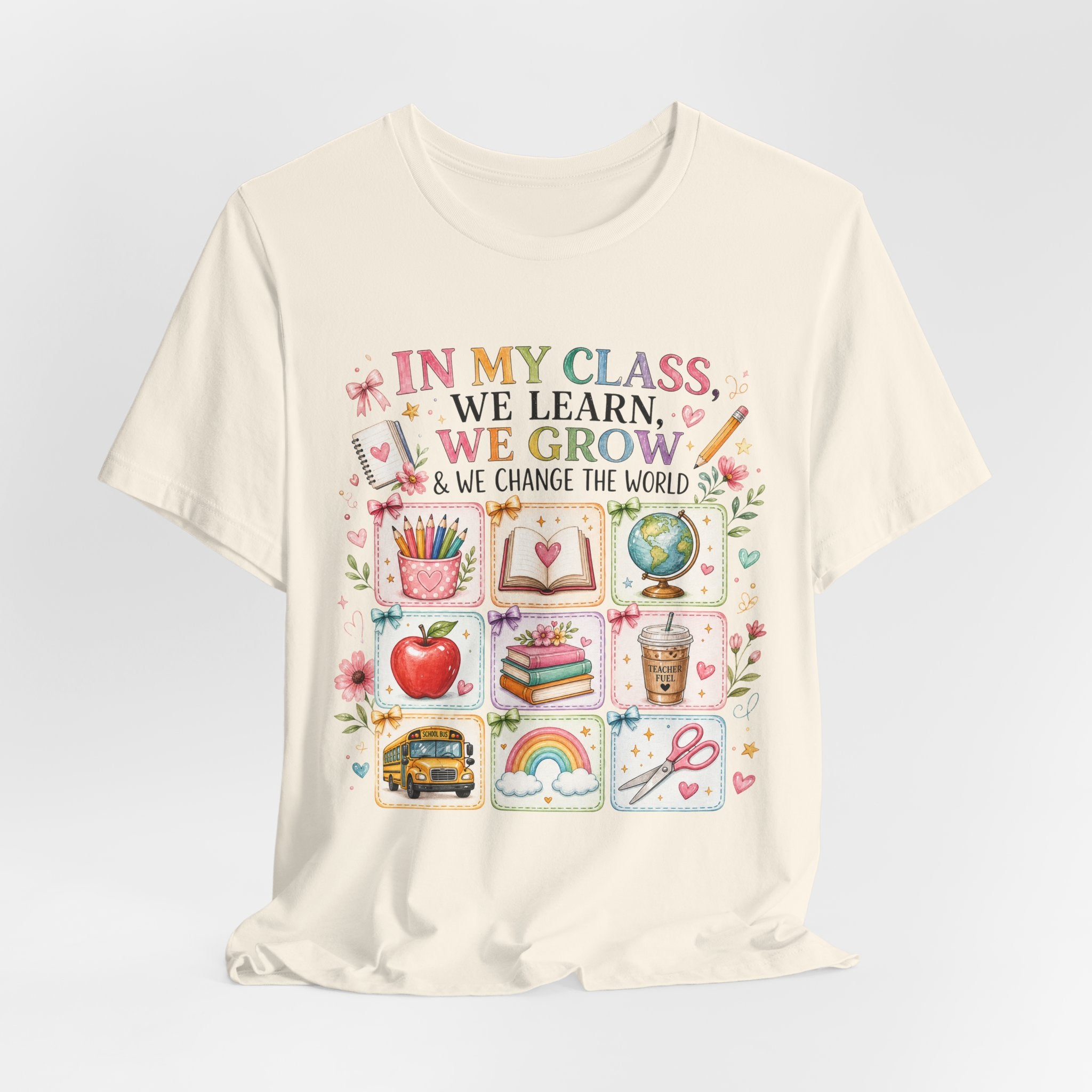 In My Class We Learn We Grow Teacher Illustration T-Shirt | School Icons