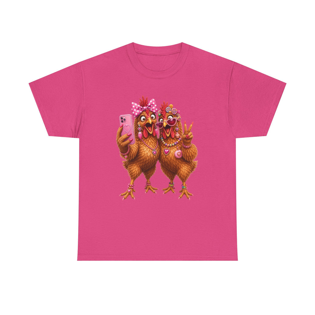 Two Chickens Taking Selfie T-Shirt | Funny Poultry Illustration