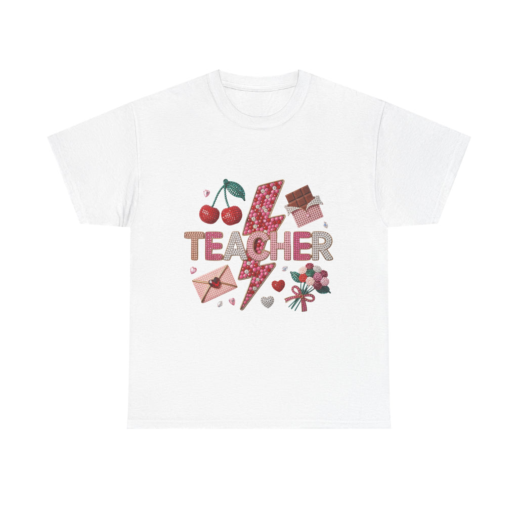 Teacher lightning bolt design T-shirt | cherries, letters, hearts, stationery
