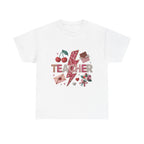 Teacher lightning bolt design T-shirt | cherries, letters, hearts, stationery