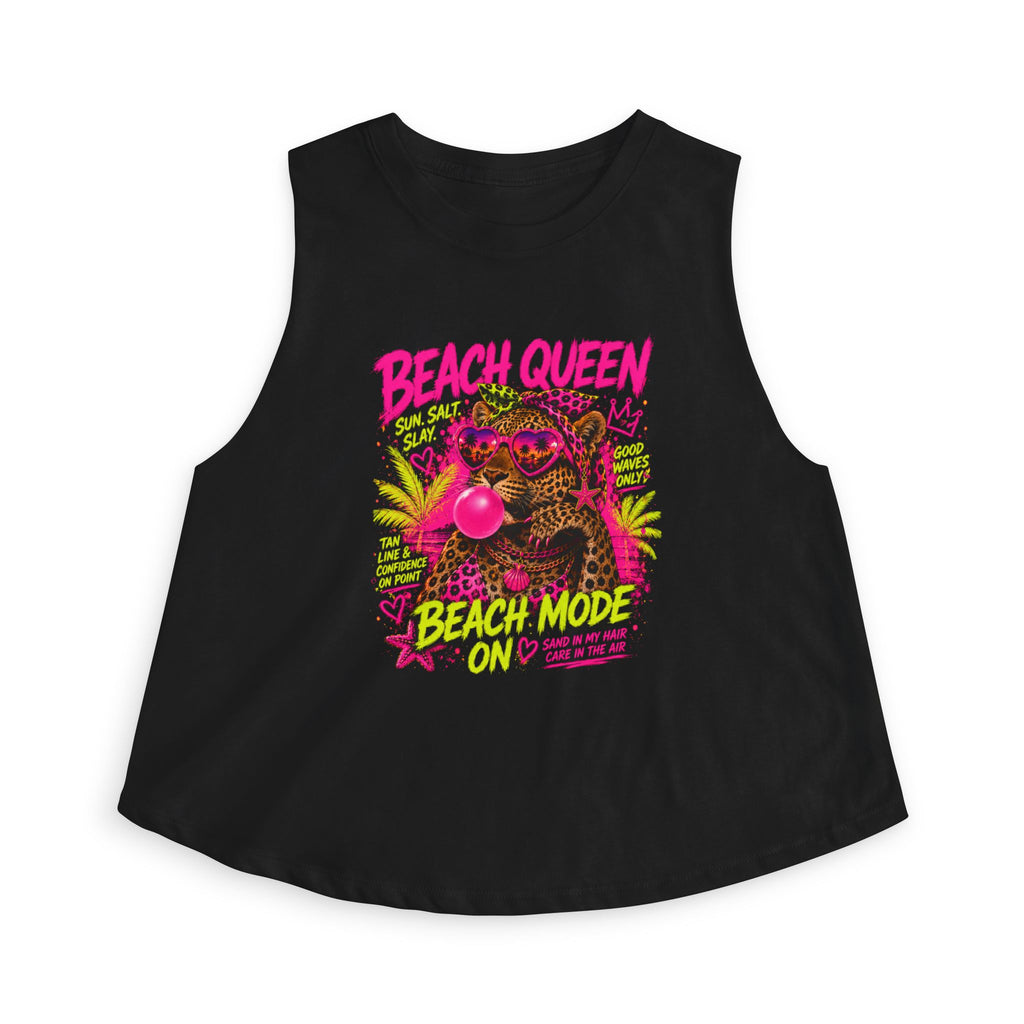Beach Queen Cat Graphic Crop Top | Tropical Flamingo Bubblegum Retro