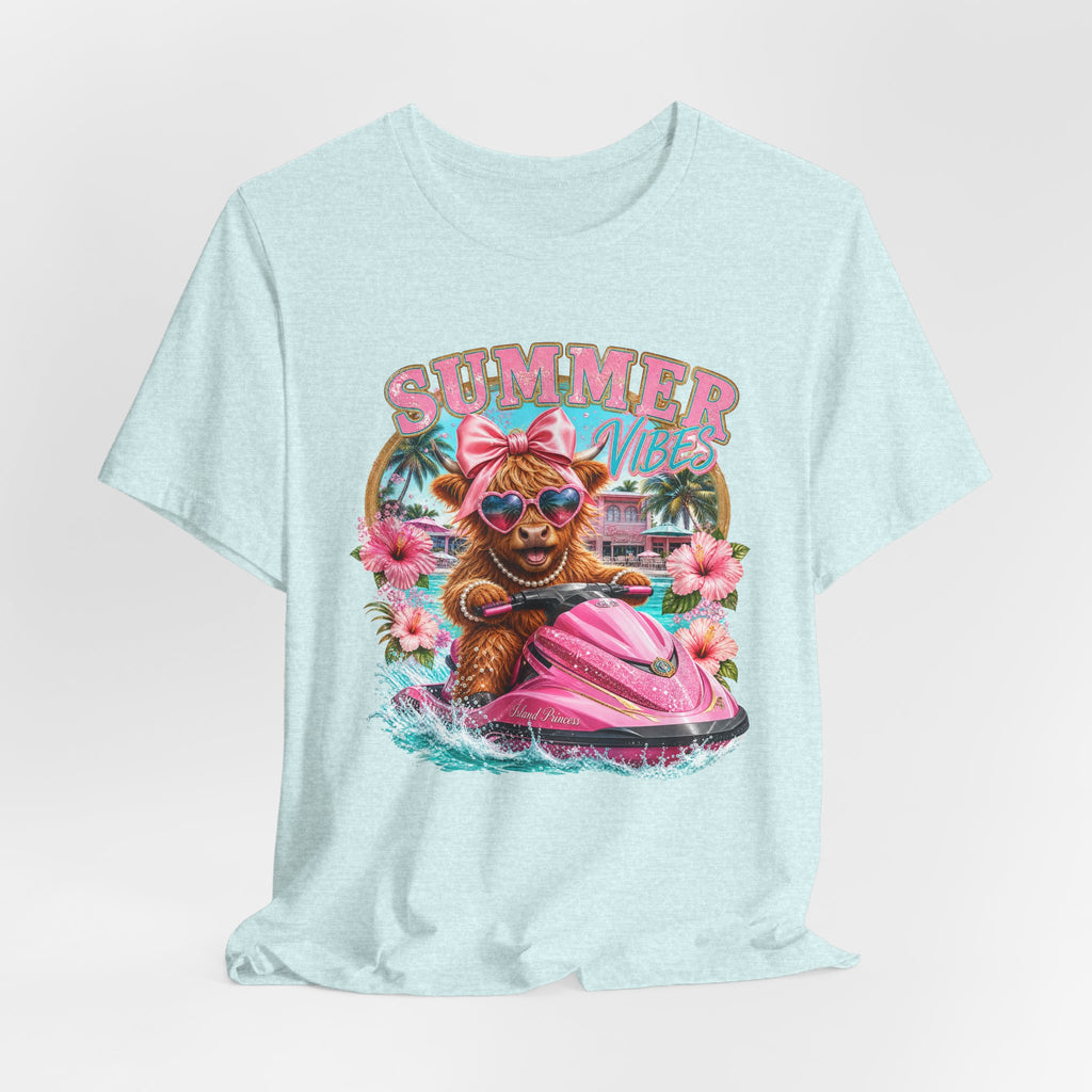 Summer Vibes Cow on Jet Ski T-Shirt | Cute Tropical Floral Beach Design