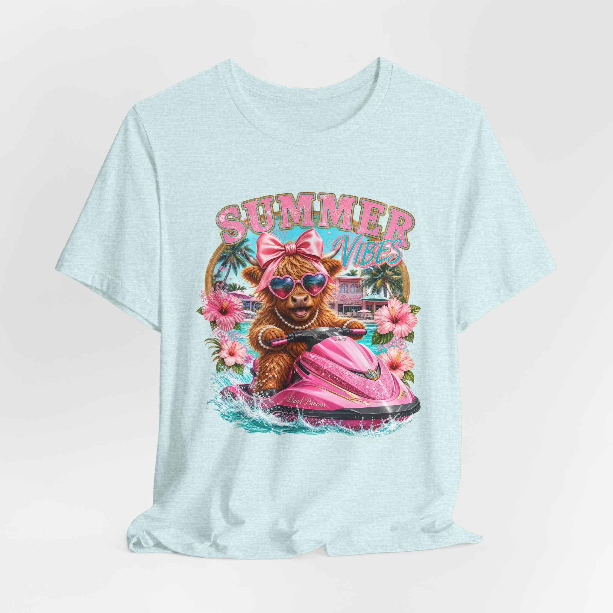 Summer Vibes Cow on Jet Ski T-Shirt | Cute Tropical Floral Beach Design