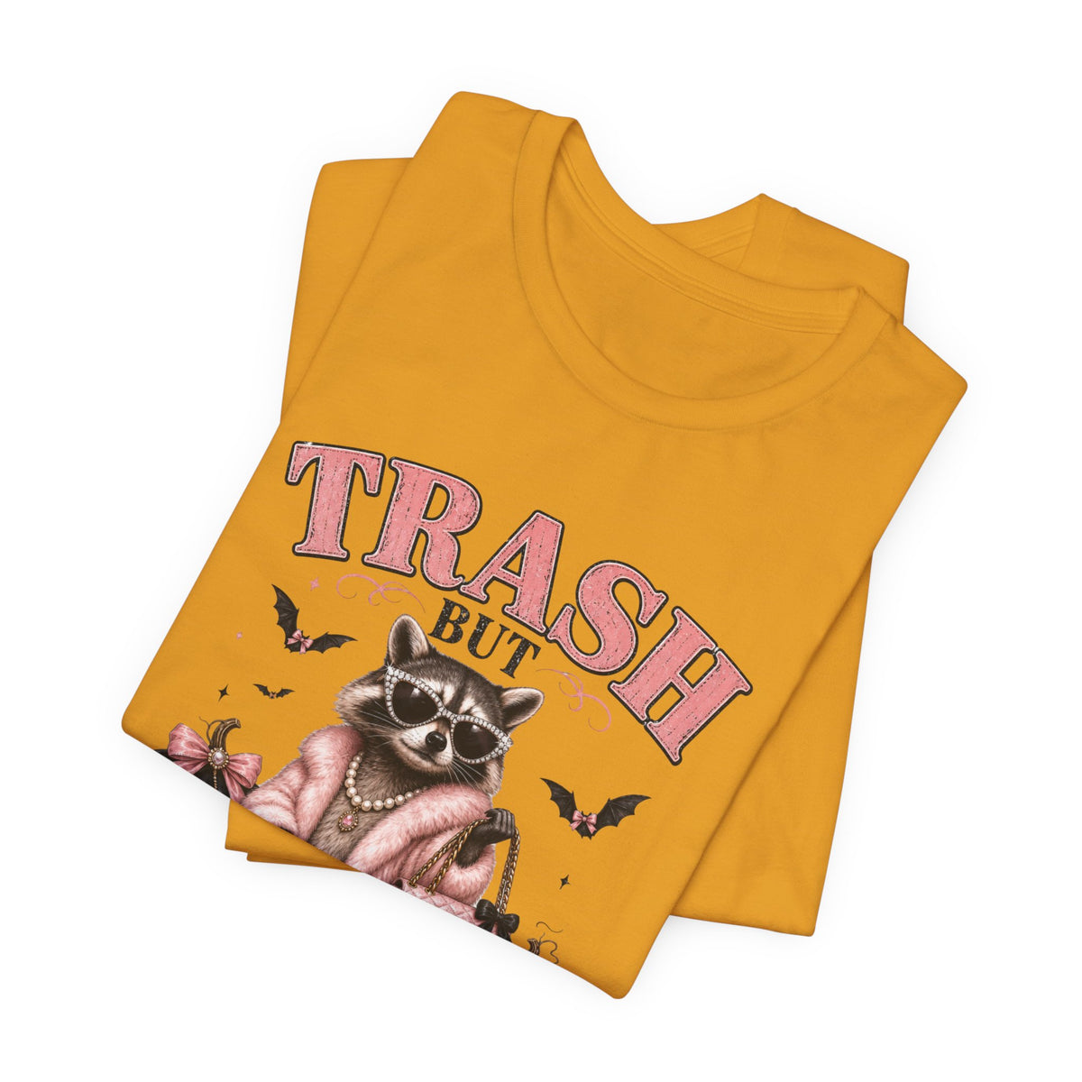 Trash But Luxury Raccoon Tee — Halloween Graphic T-Shirt with Pumpkins & Bats