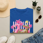 Leopard Cat on Flamingo Float T-Shirt | Tropical Palm Beach Summer Vibes