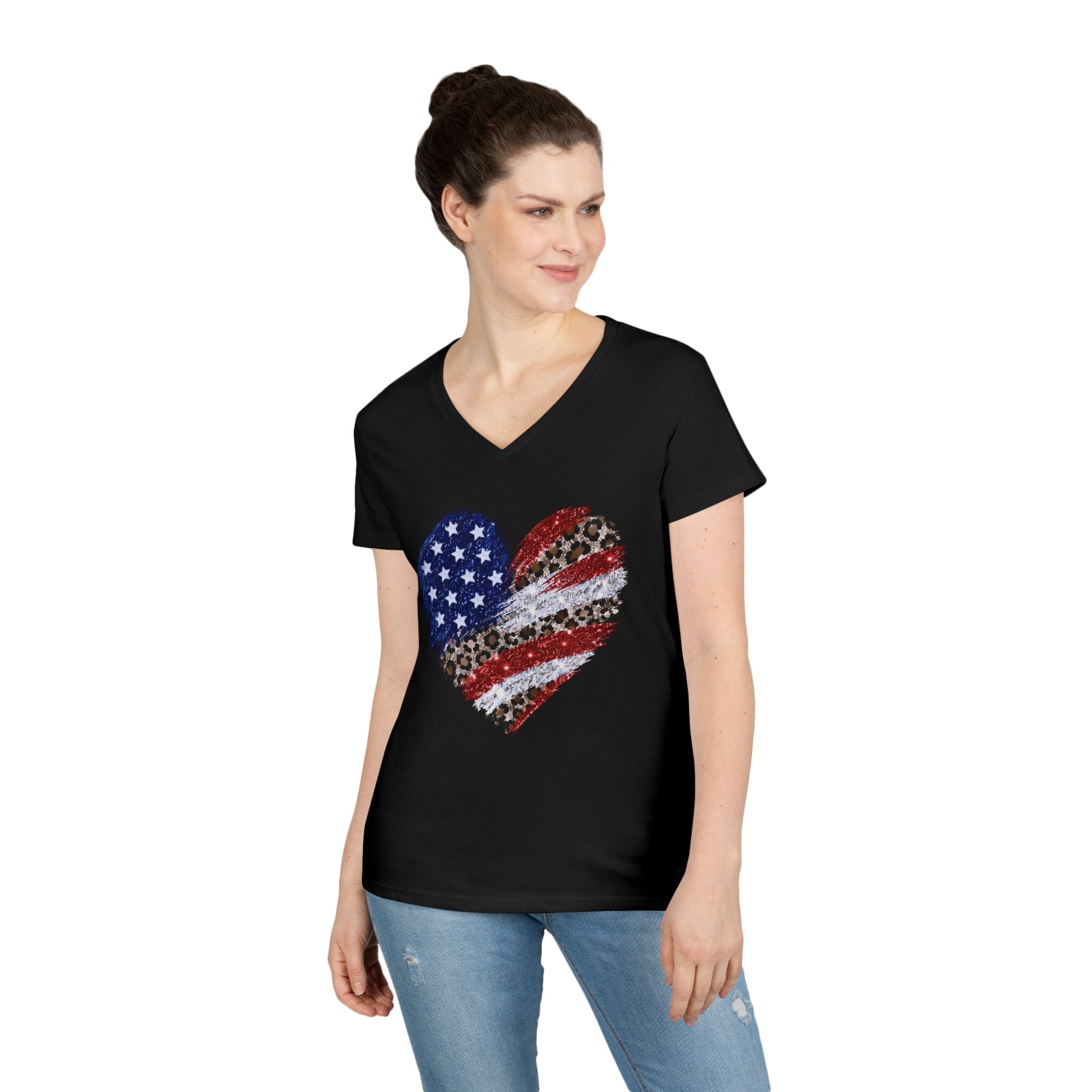 T-shirt Cœur léopard drapeau américain | Tee-shirt patriotique col en V