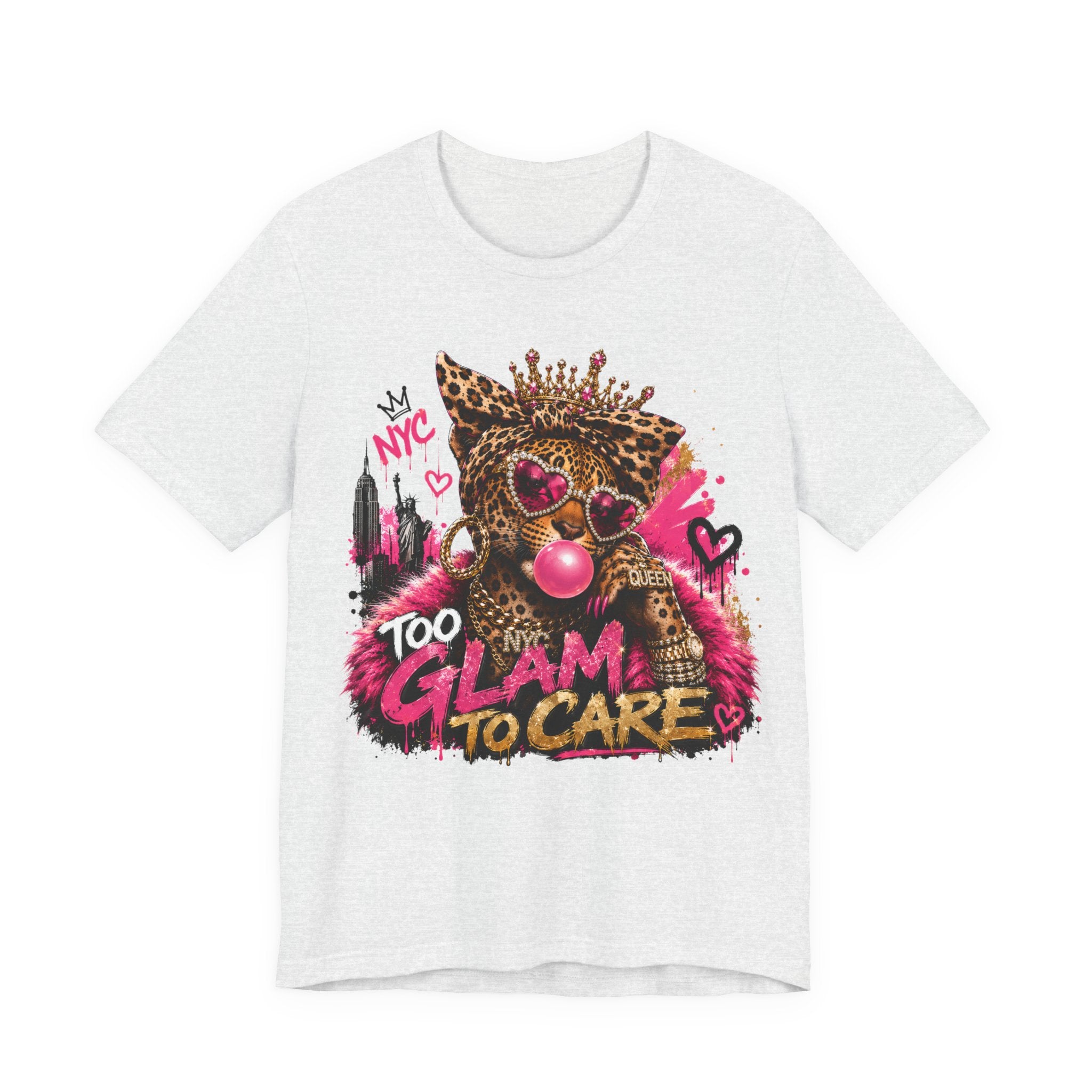 T-shirt "Too Glam To Care" – Motif chat couronné léopard