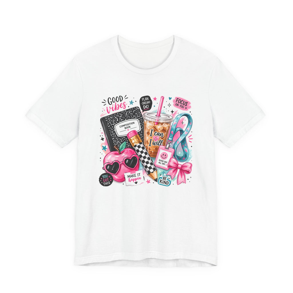 Teacher Good Vibes Cute Pastel Sticker Collage T-Shirt | Coffee, Headphones, Journal | Back to School