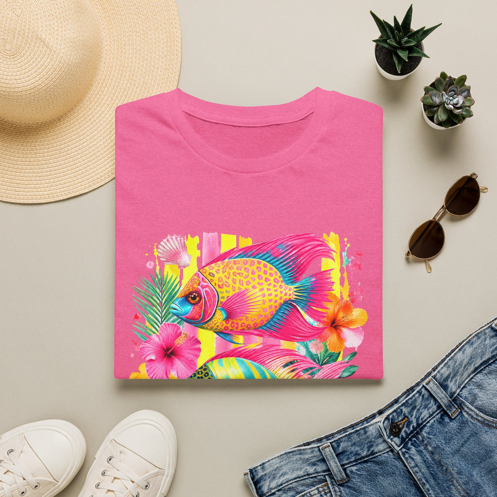 Tropical Colorful Fish T-Shirt | Neon Hibiscus Beach Illustration