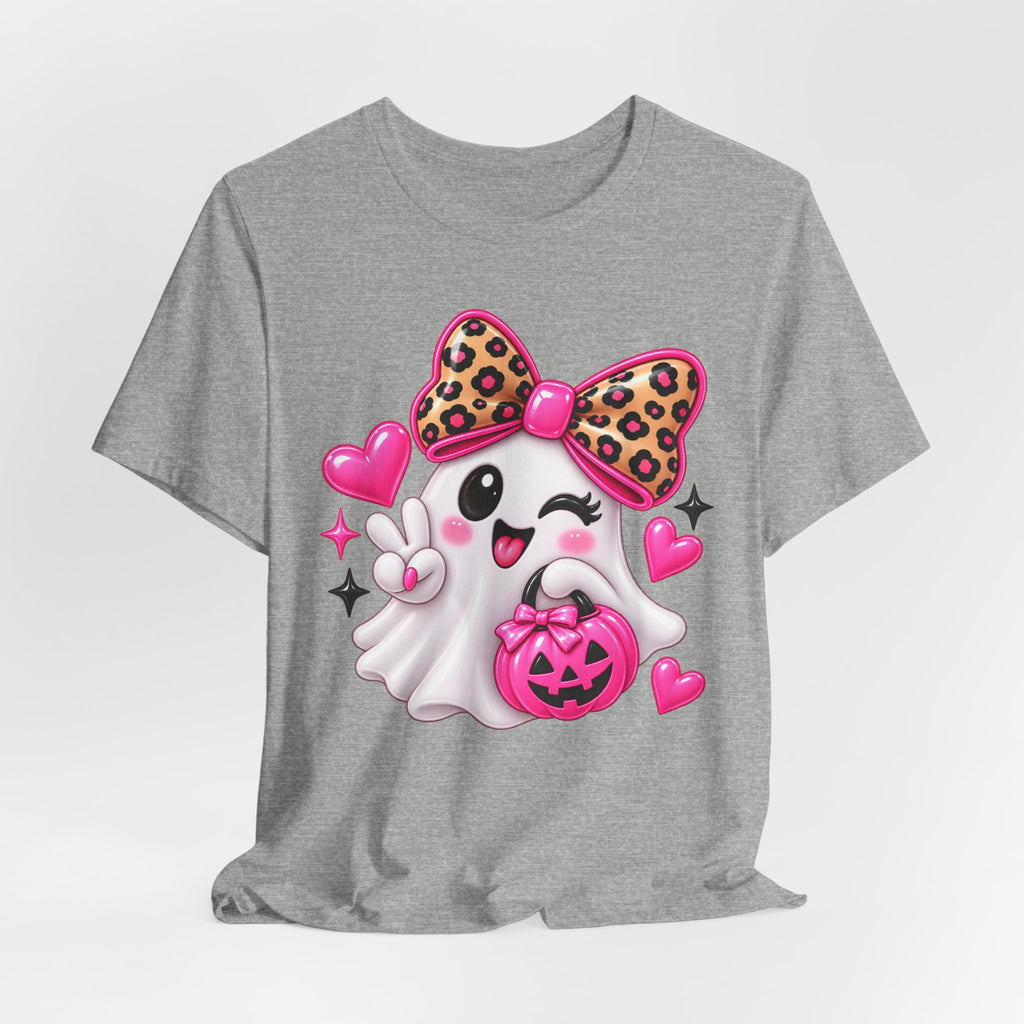 Pink Ghost Halloween T-Shirt with Leopard Bow