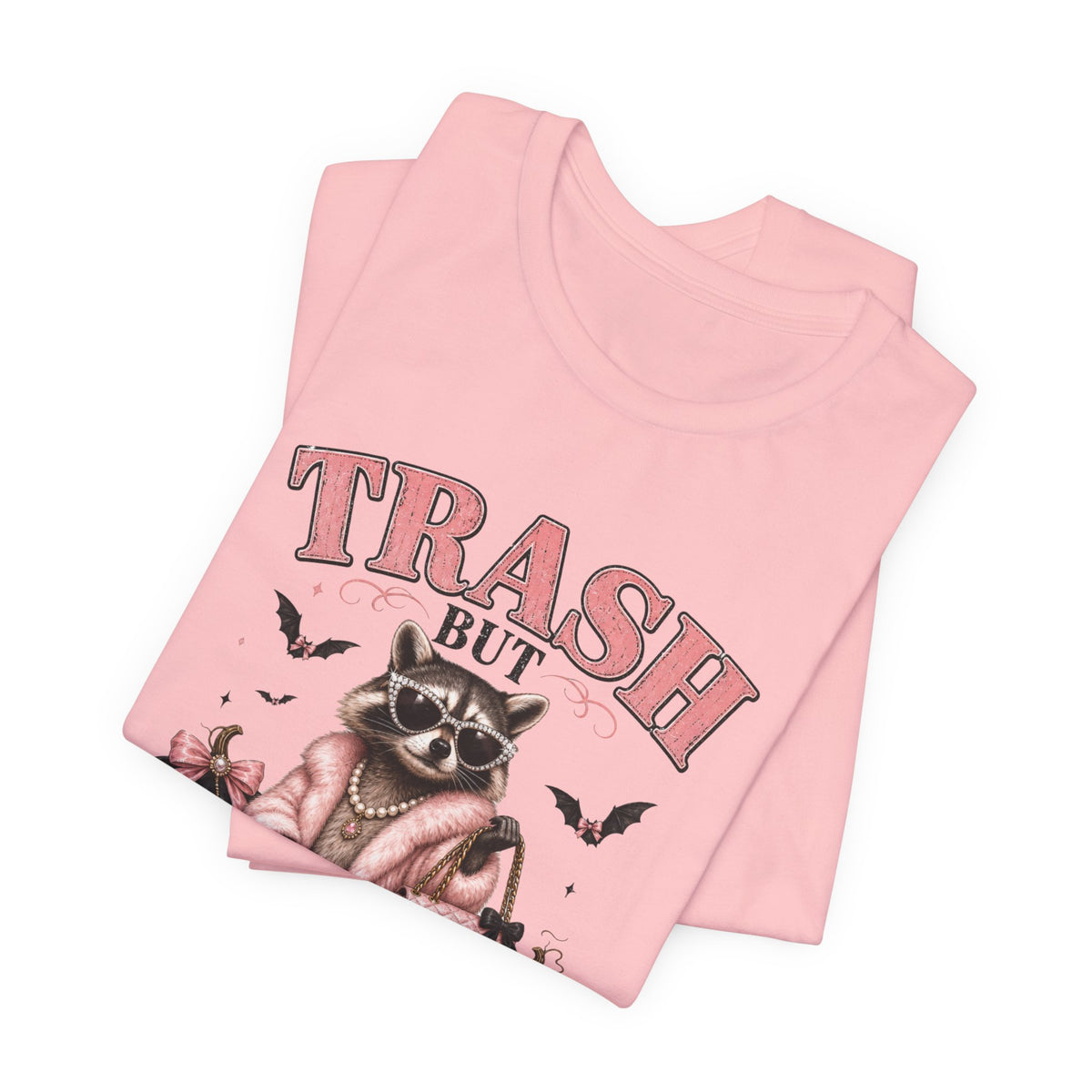 Trash But Luxury Raccoon Tee — Halloween Graphic T-Shirt with Pumpkins & Bats
