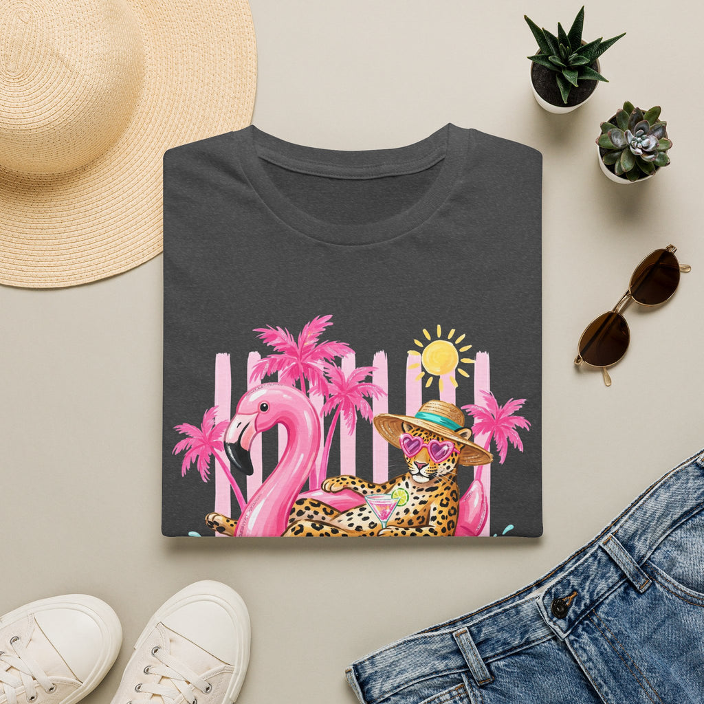Leopard Cat on Flamingo Float T-Shirt | Tropical Palm Beach Summer Vibes