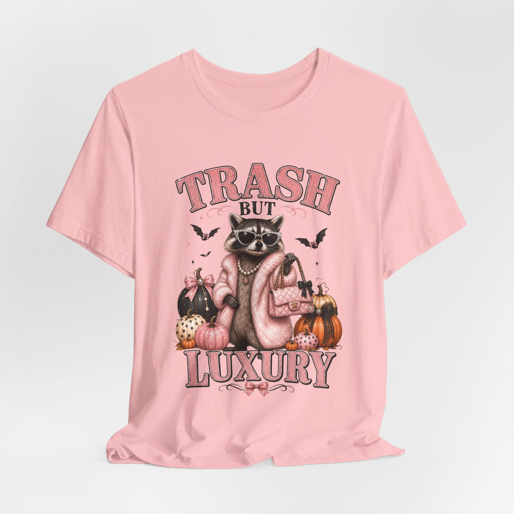 Trash But Luxury Raccoon Tee — Halloween Graphic T-Shirt with Pumpkins & Bats