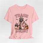 Trash But Luxury Raccoon Tee — Halloween Graphic T-Shirt with Pumpkins & Bats