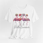 Hello Summer Flamingos T-Shirt | Pink Flamingo Beach Graphic Tee