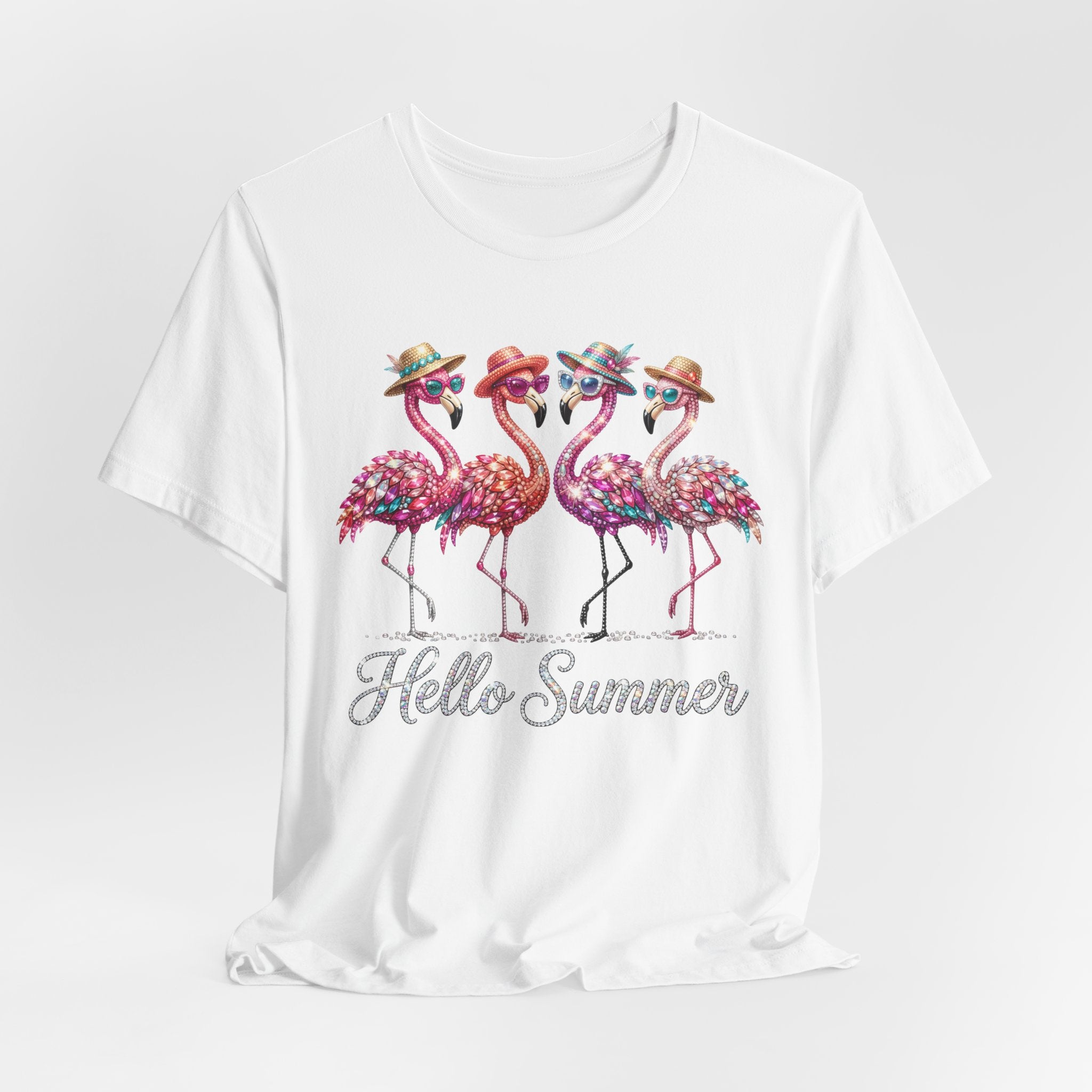 Hello Summer Flamingos T-Shirt | Pink Flamingo Beach Graphic Tee