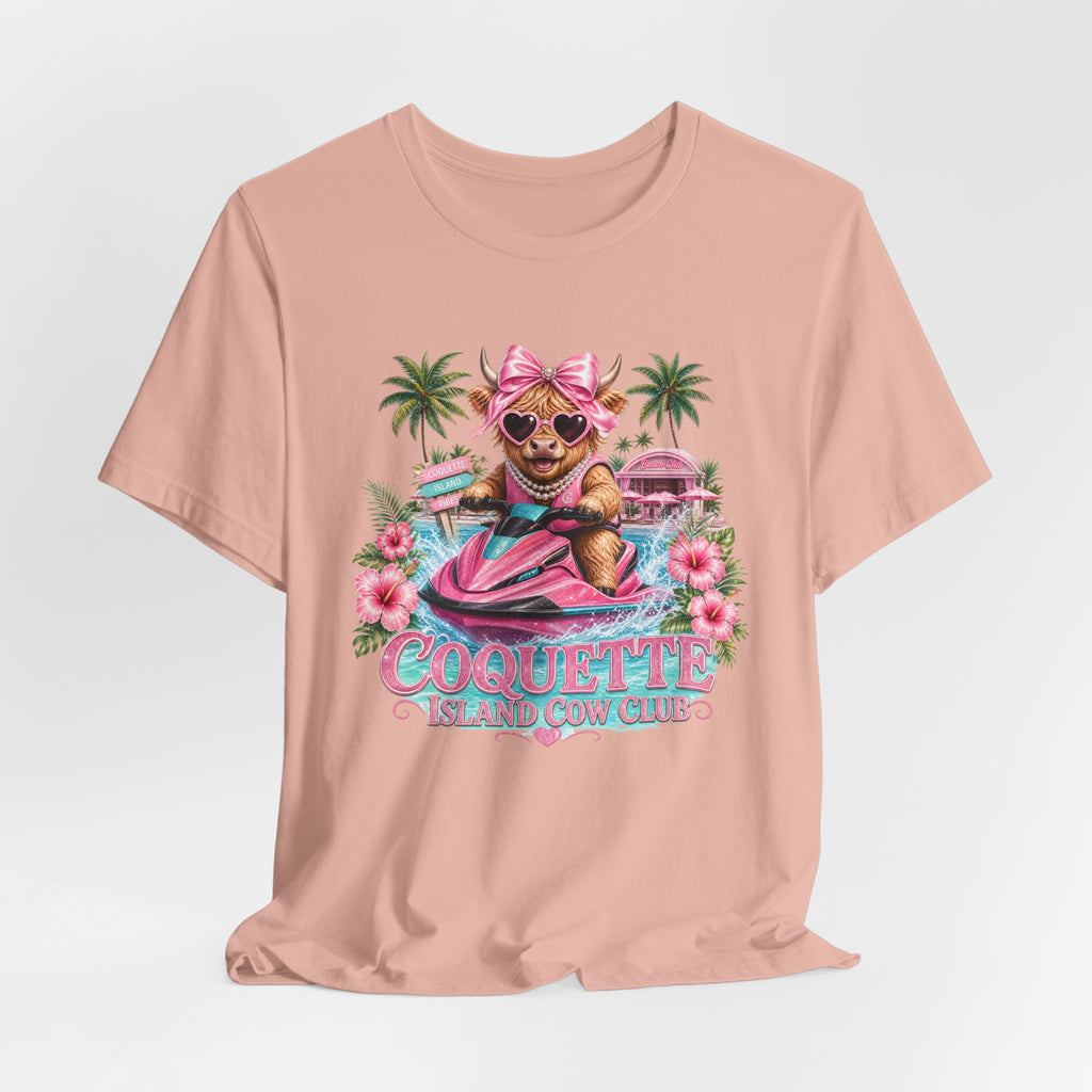 Coquette Island Cow Club T-Shirt | Cute Highland Cow Pink Jet Ski Summer Graphic Tee