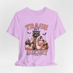 Trash But Luxury Raccoon Tee — Halloween Graphic T-Shirt with Pumpkins & Bats