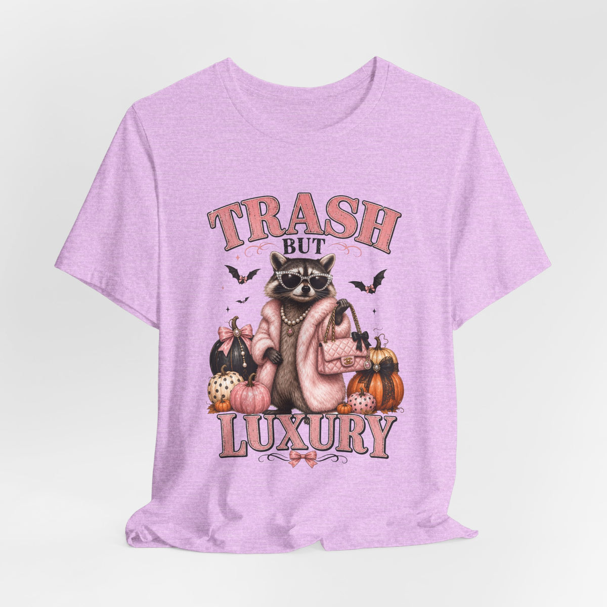 Trash But Luxury Raccoon Tee — Halloween Graphic T-Shirt with Pumpkins & Bats