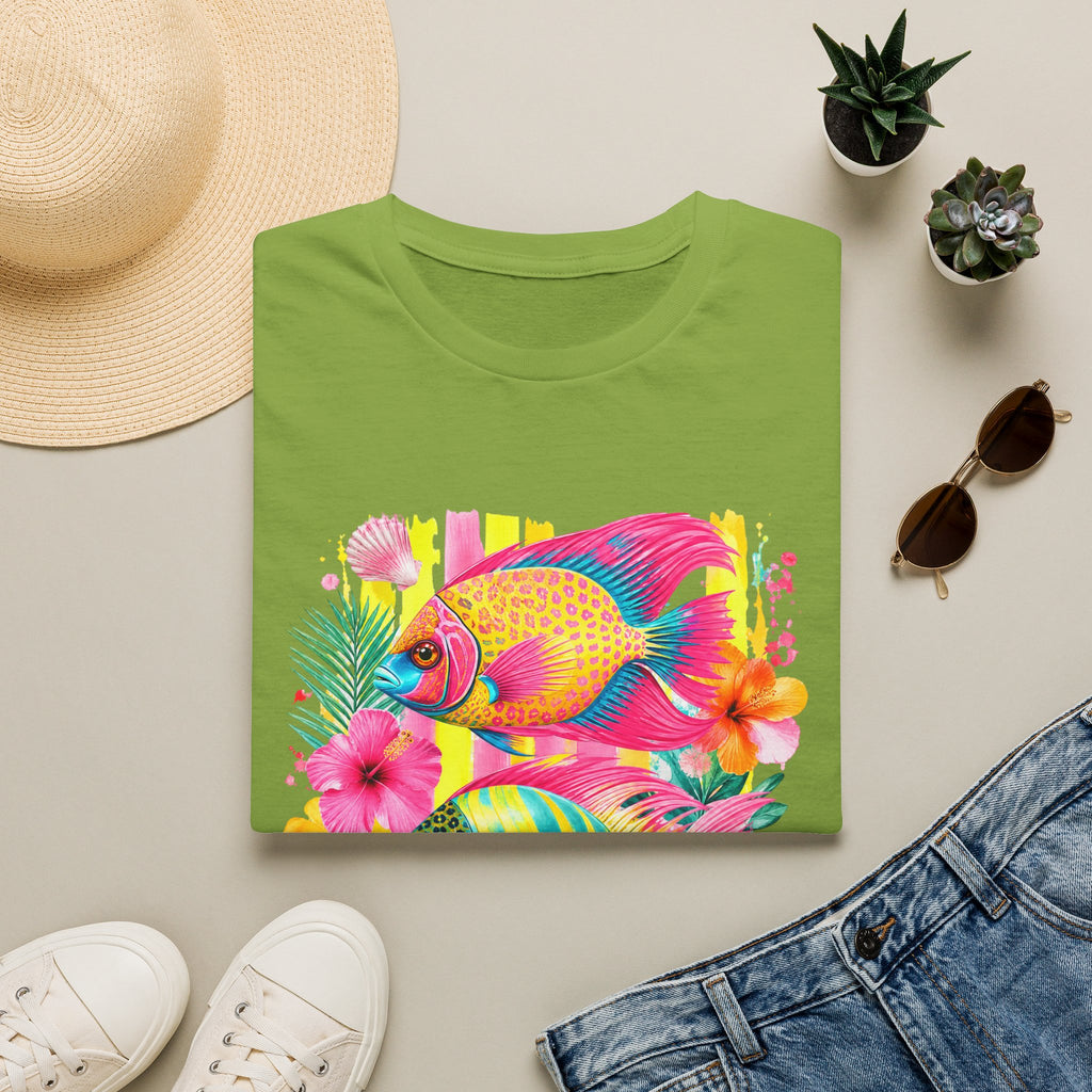 Tropical Colorful Fish T-Shirt | Neon Hibiscus Beach Illustration