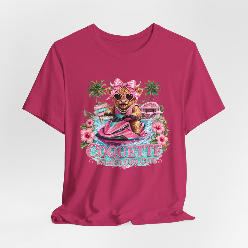 Coquette Island Cow Club T-Shirt | Cute Highland Cow Pink Jet Ski Summer Graphic Tee