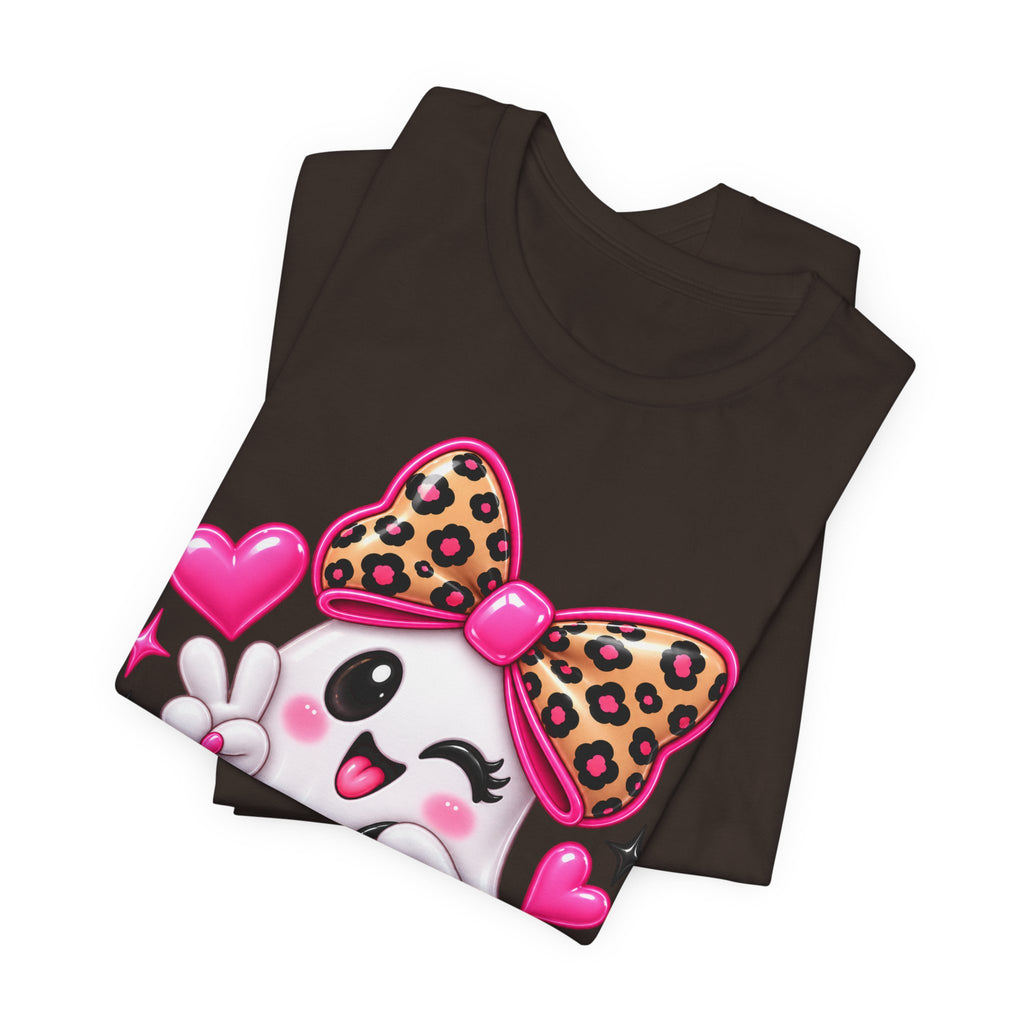 Pink Ghost Halloween T-Shirt with Leopard Bow