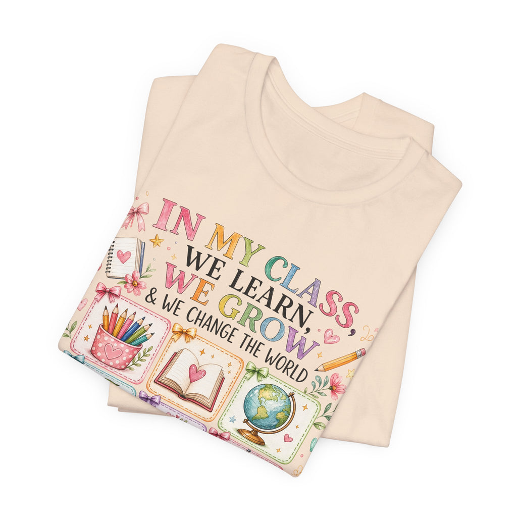 In My Class We Learn We Grow Teacher Illustration T-Shirt | School Icons