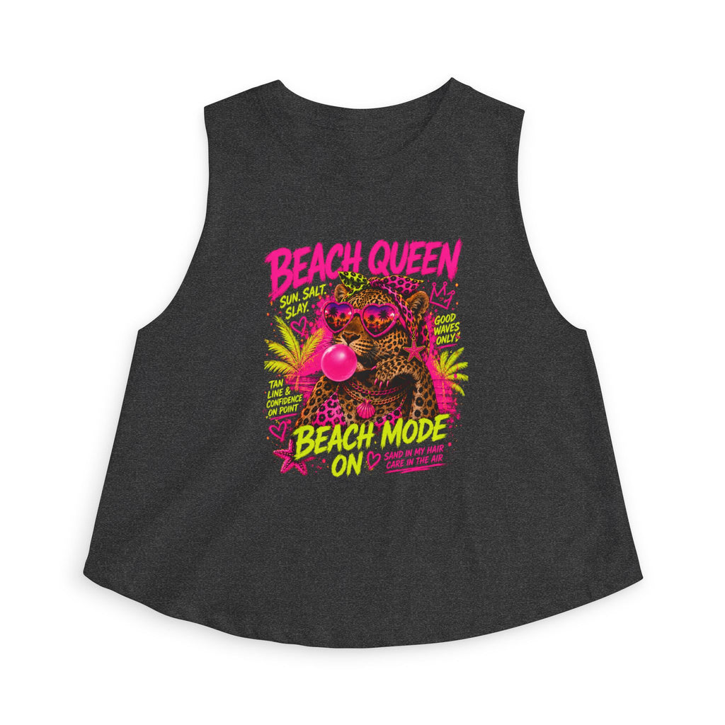 Haut court graphique Chat Reine de Plage | Flamant rose tropical Chewing-gum Rétro