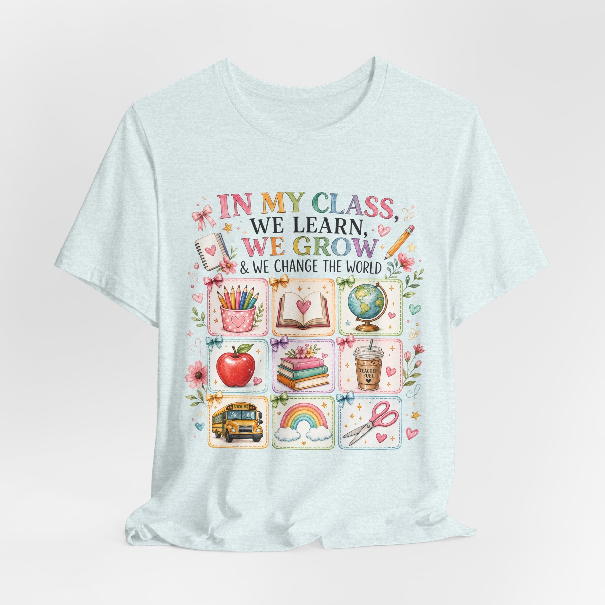 In My Class We Learn We Grow Teacher Illustration T-Shirt | School Icons