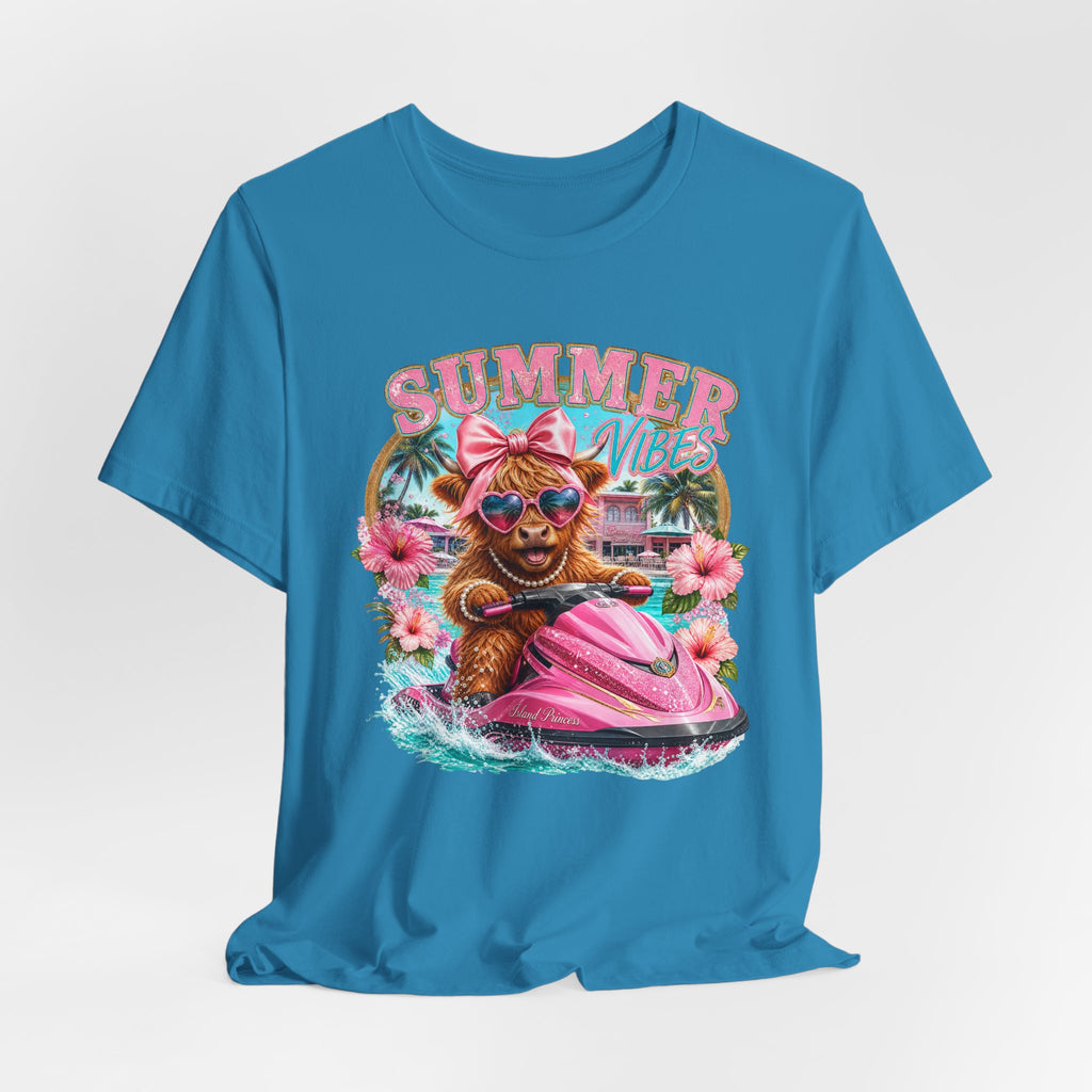 Summer Vibes Cow on Jet Ski T-Shirt | Cute Tropical Floral Beach Design