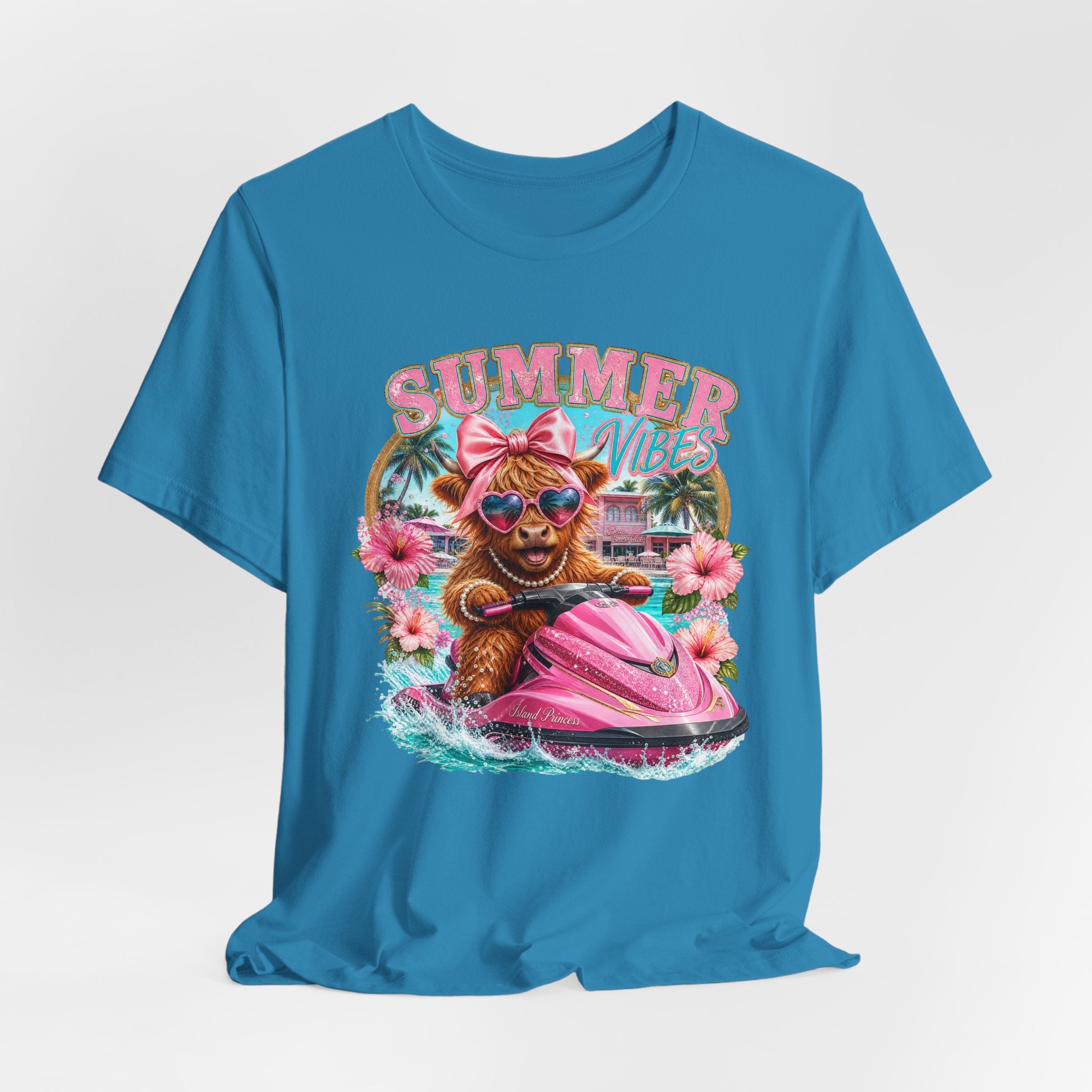 Summer Vibes Cow on Jet Ski T-Shirt | Cute Tropical Floral Beach Design