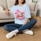 Leopard Cat on Flamingo Float T-Shirt | Tropical Palm Beach Summer Vibes