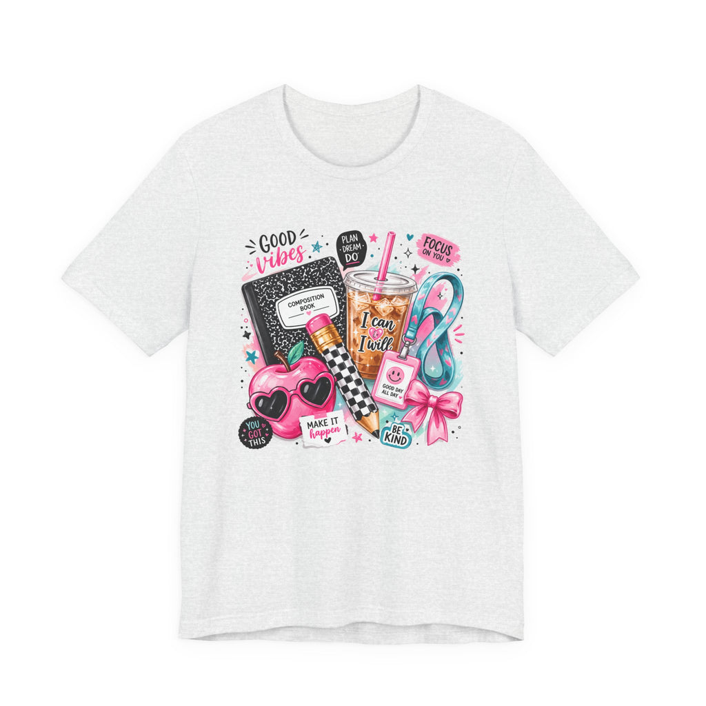 Teacher Good Vibes Cute Pastel Sticker Collage T-Shirt | Coffee, Headphones, Journal | Back to School