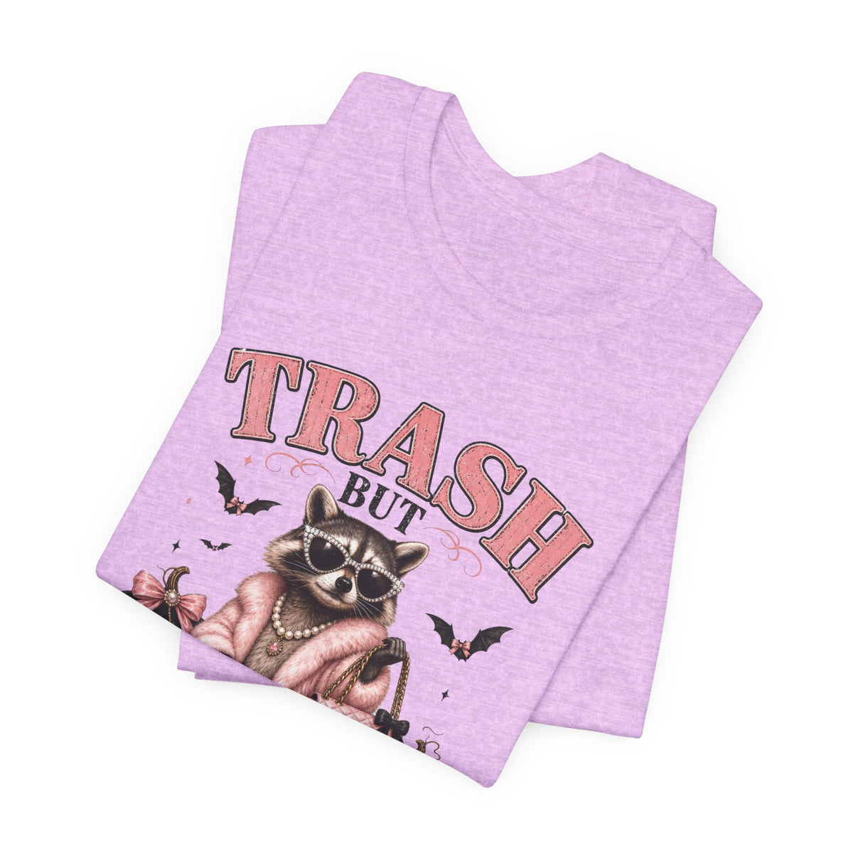 Trash But Luxury Raccoon Tee — Halloween Graphic T-Shirt with Pumpkins & Bats
