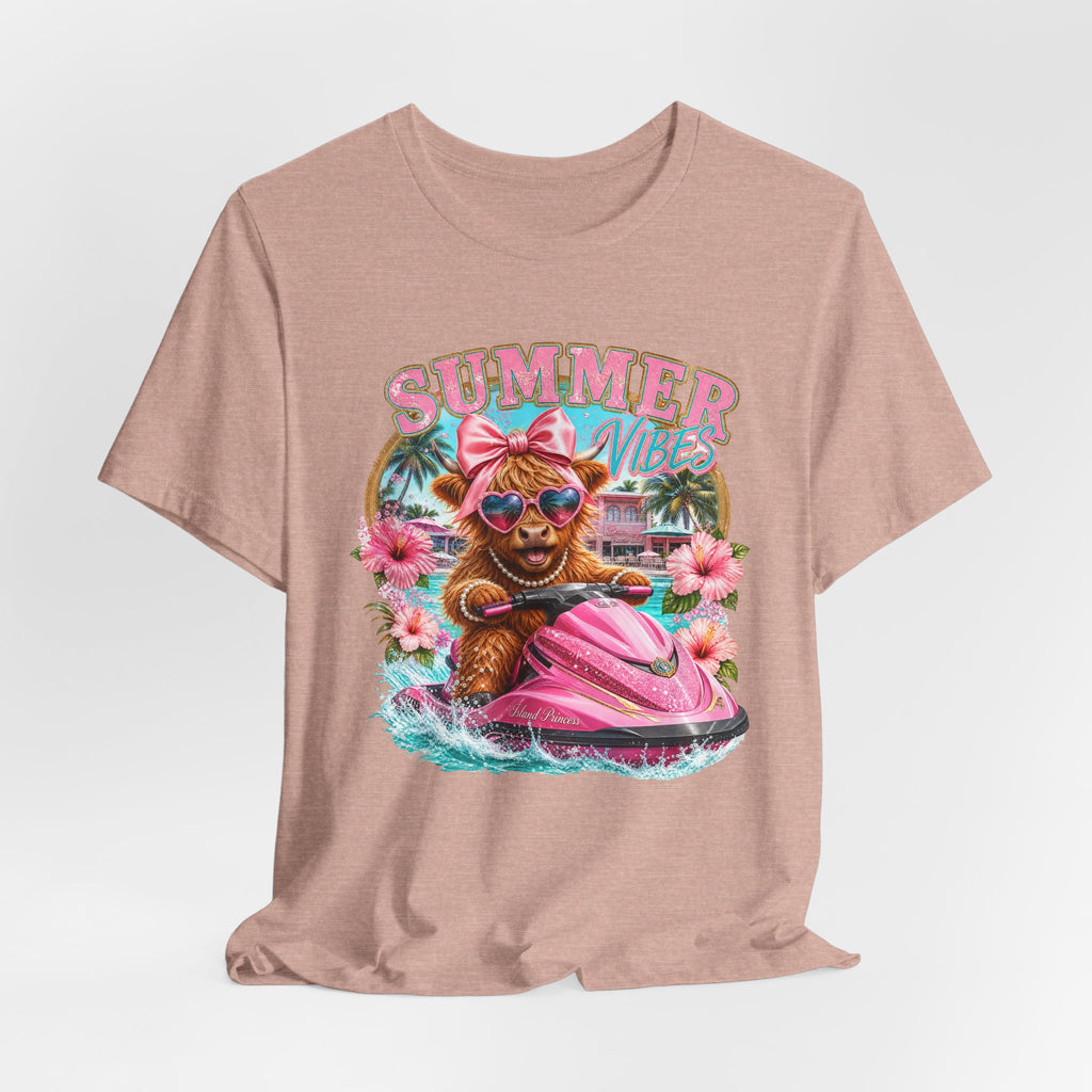 Summer Vibes Cow on Jet Ski T-Shirt | Cute Tropical Floral Beach Design