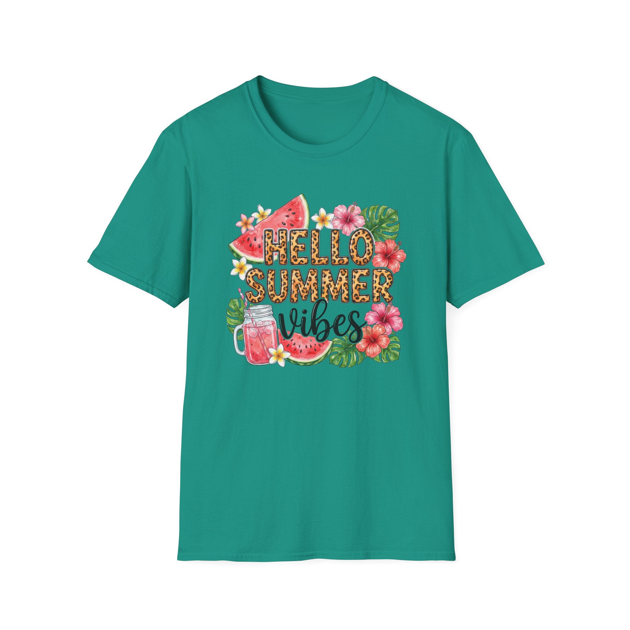Hello Summer Vibes Watermelon Floral Leopard Print T-Shirt