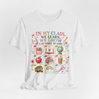 In My Class We Learn We Grow Teacher Illustration T-Shirt | School Icons