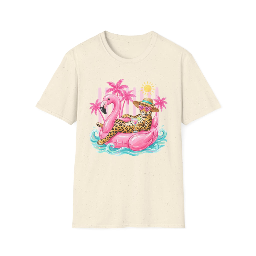 Leopard Cat on Flamingo Float T-Shirt | Tropical Palm Beach Summer Vibes