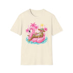 Leopard Cat on Flamingo Float T-Shirt | Tropical Palm Beach Summer Vibes