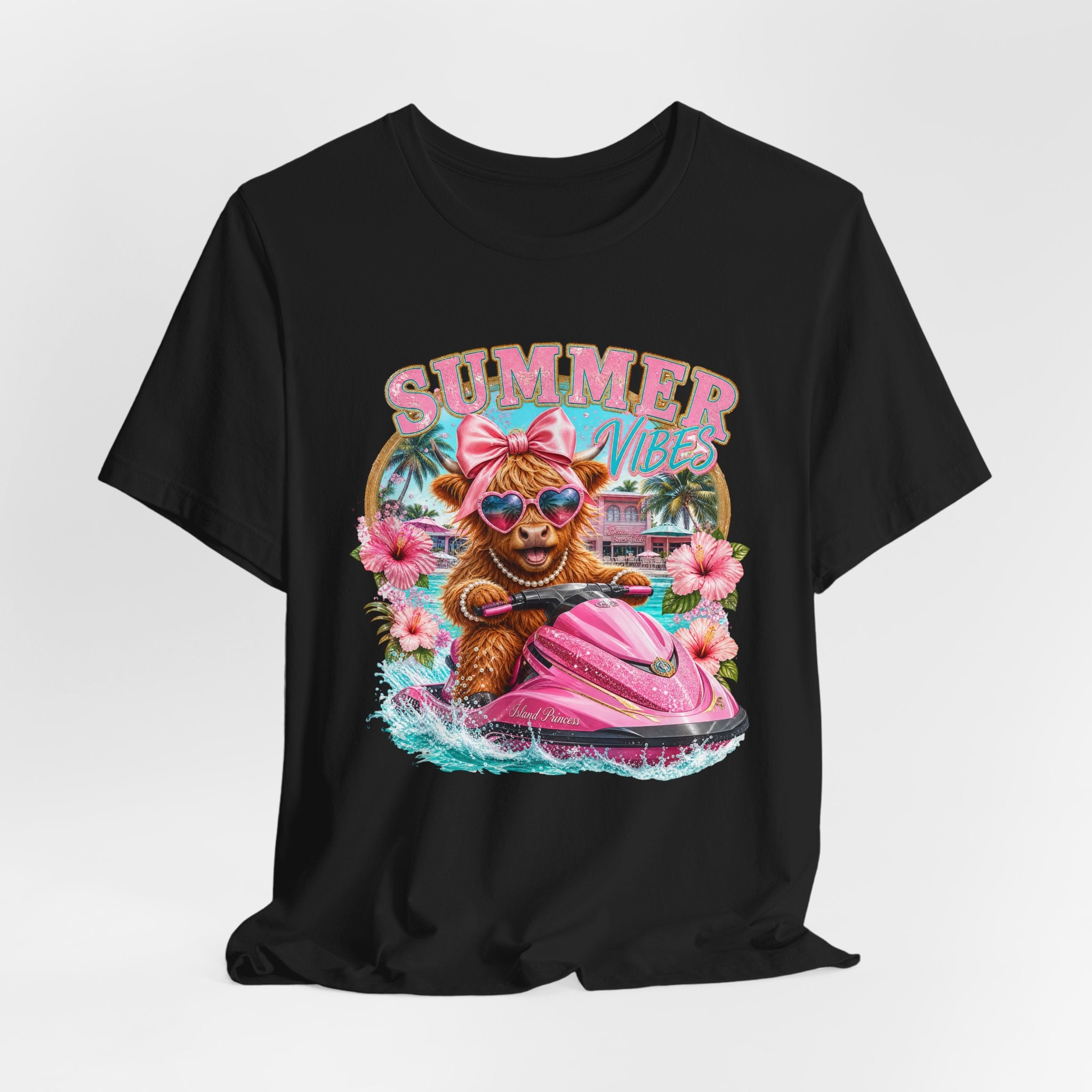 Summer Vibes Cow on Jet Ski T-Shirt | Cute Tropical Floral Beach Design